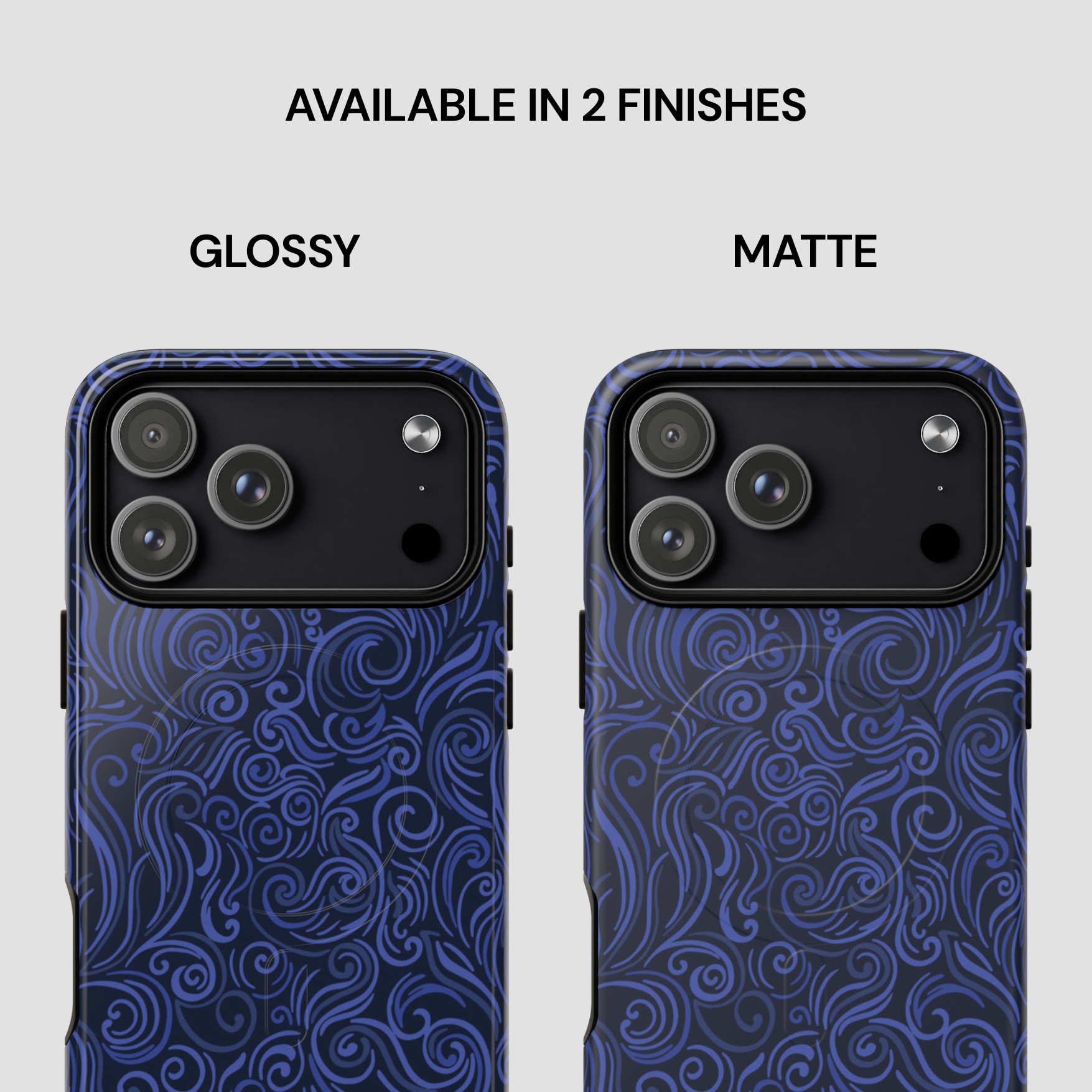 Two blue patterned phone cases, one glossy and one matte, on a white background.
