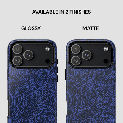 Two blue patterned phone cases, one glossy and one matte, on a white background.