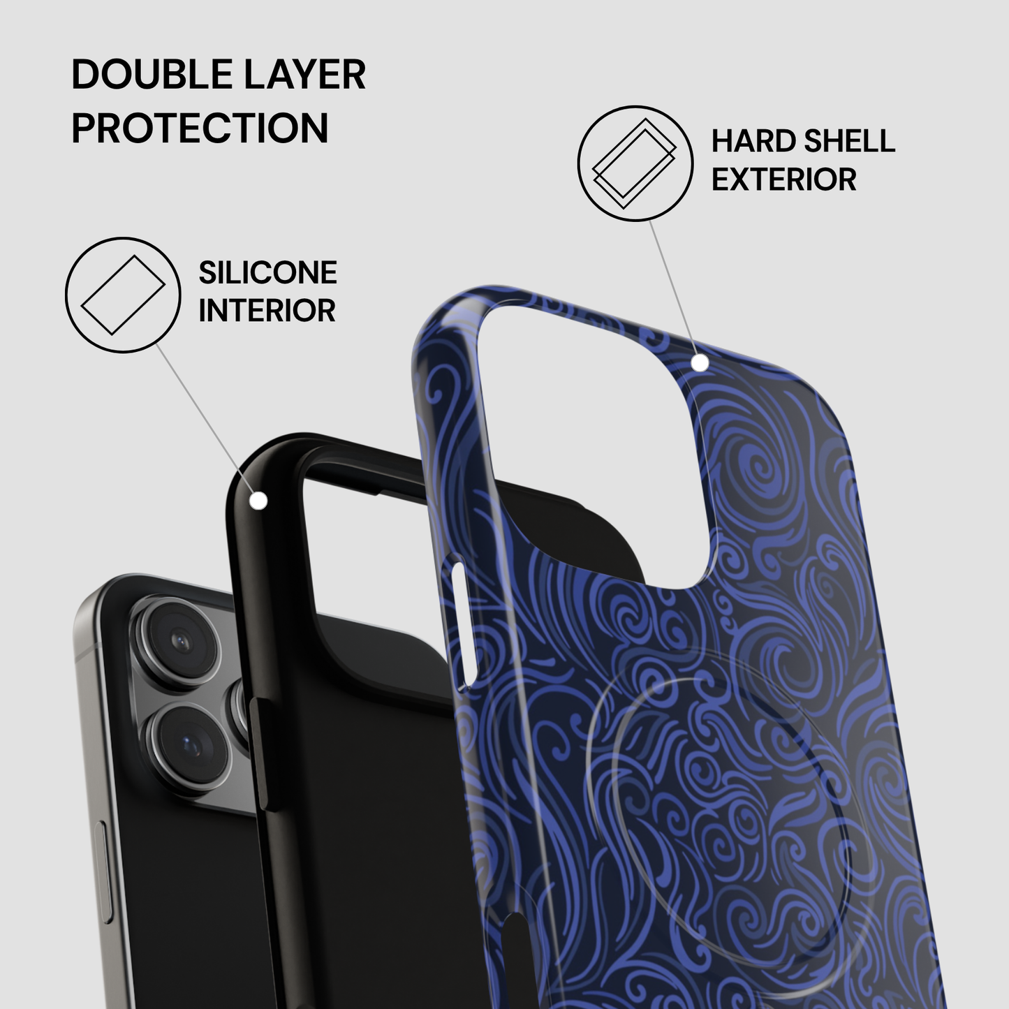 Phone case with double layer protection features on a white background