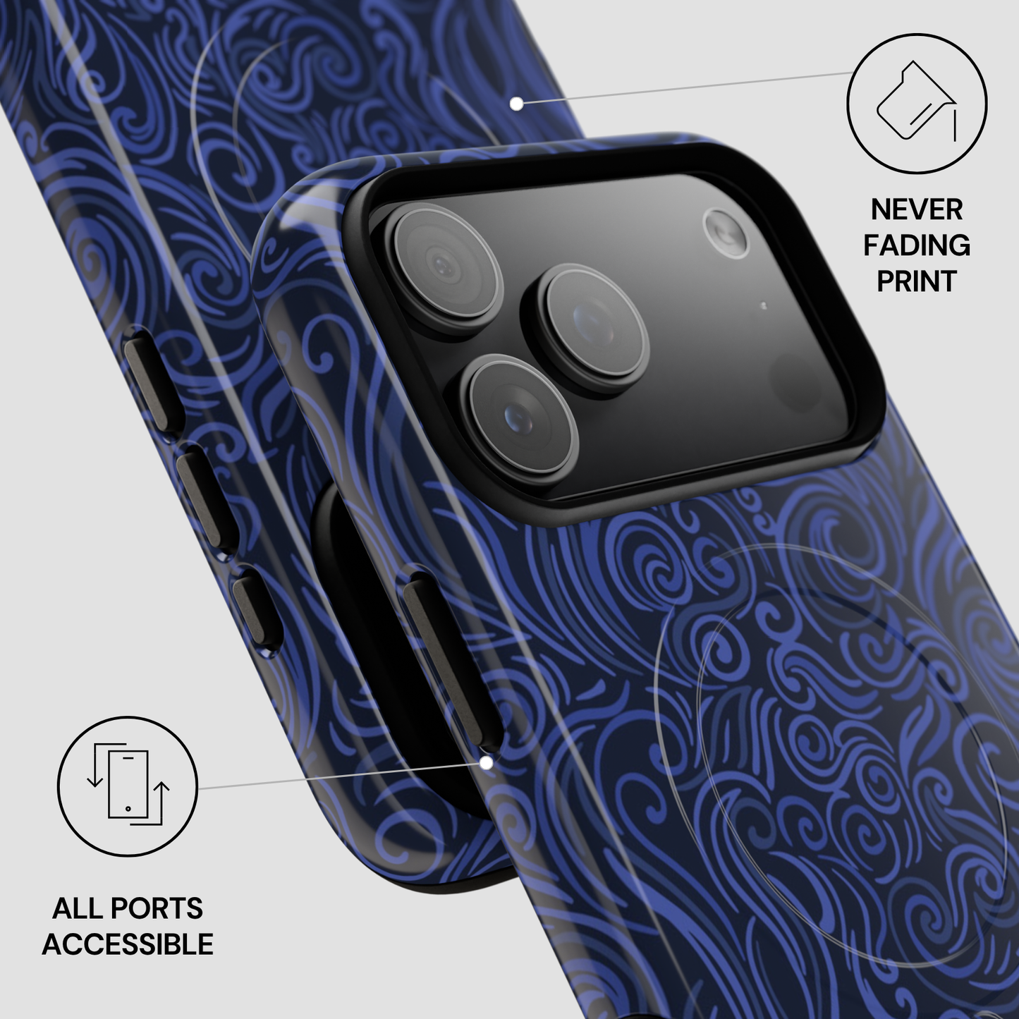 Blue patterned phone case with camera and port accessibility features on a white background