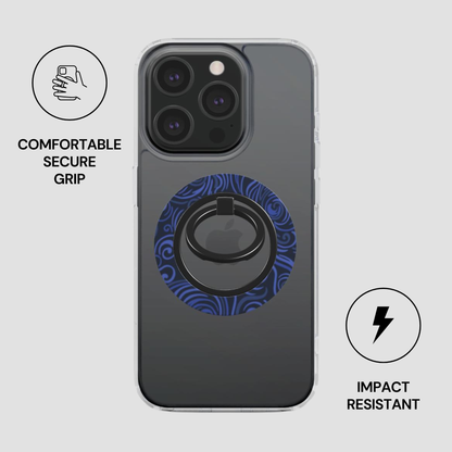 Phone case with ring holder and text about comfort, security, and impact resistance on a light gray background