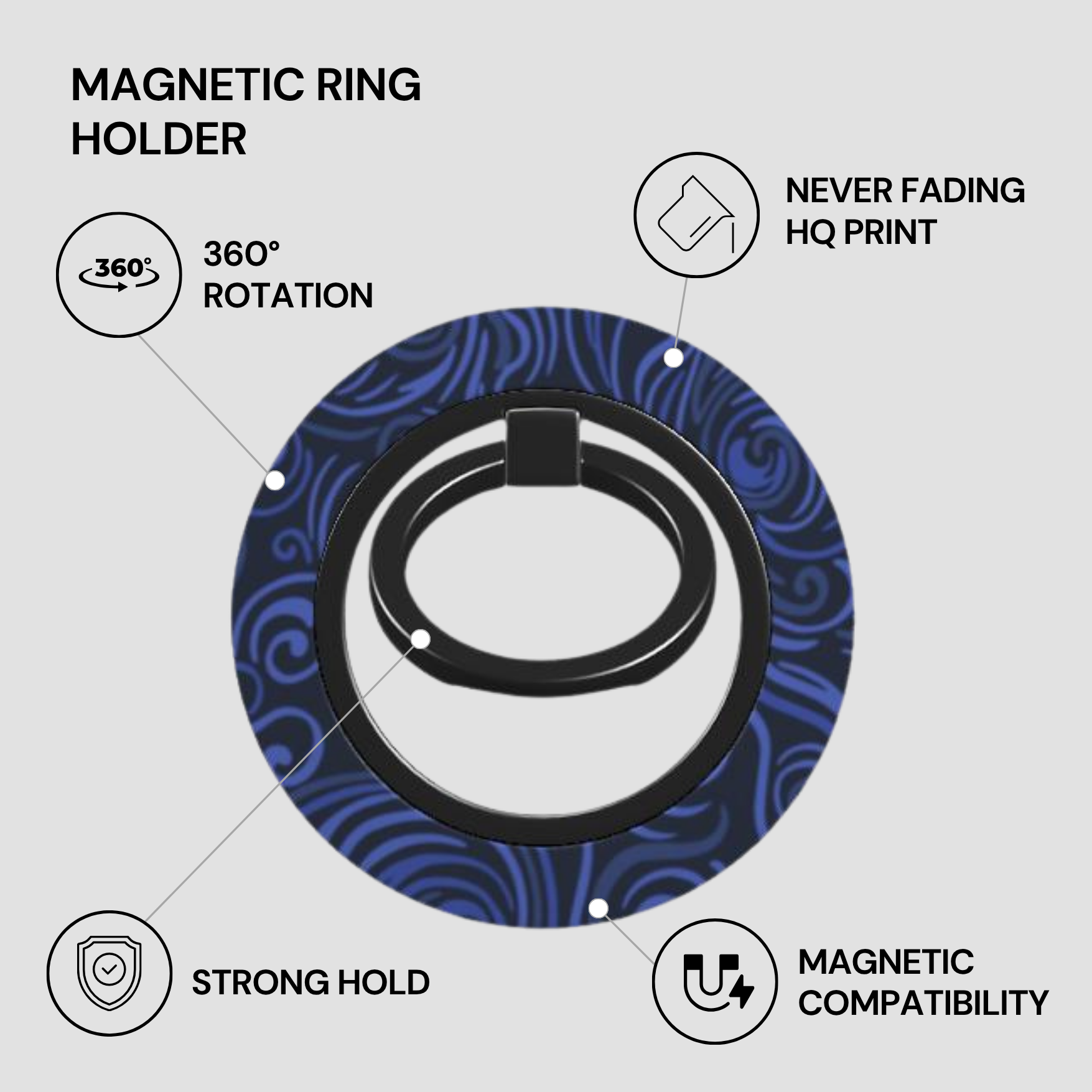 Magnetic ring holder with blue design on a white background