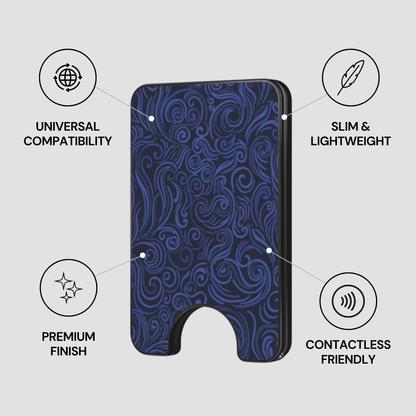 Blue Mirage Magnetic Wallet showing secure design, premium quality, and impact resistant features