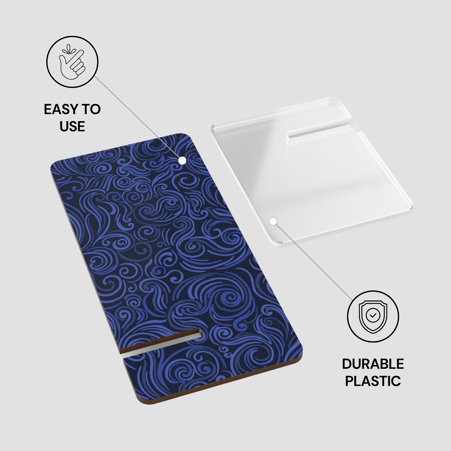 Colorful patterned phone case with text 'Easy to use' and 'Durable plastic' on a white background
