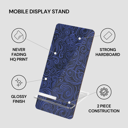 Blue mobile display stand with features listed on a gray background