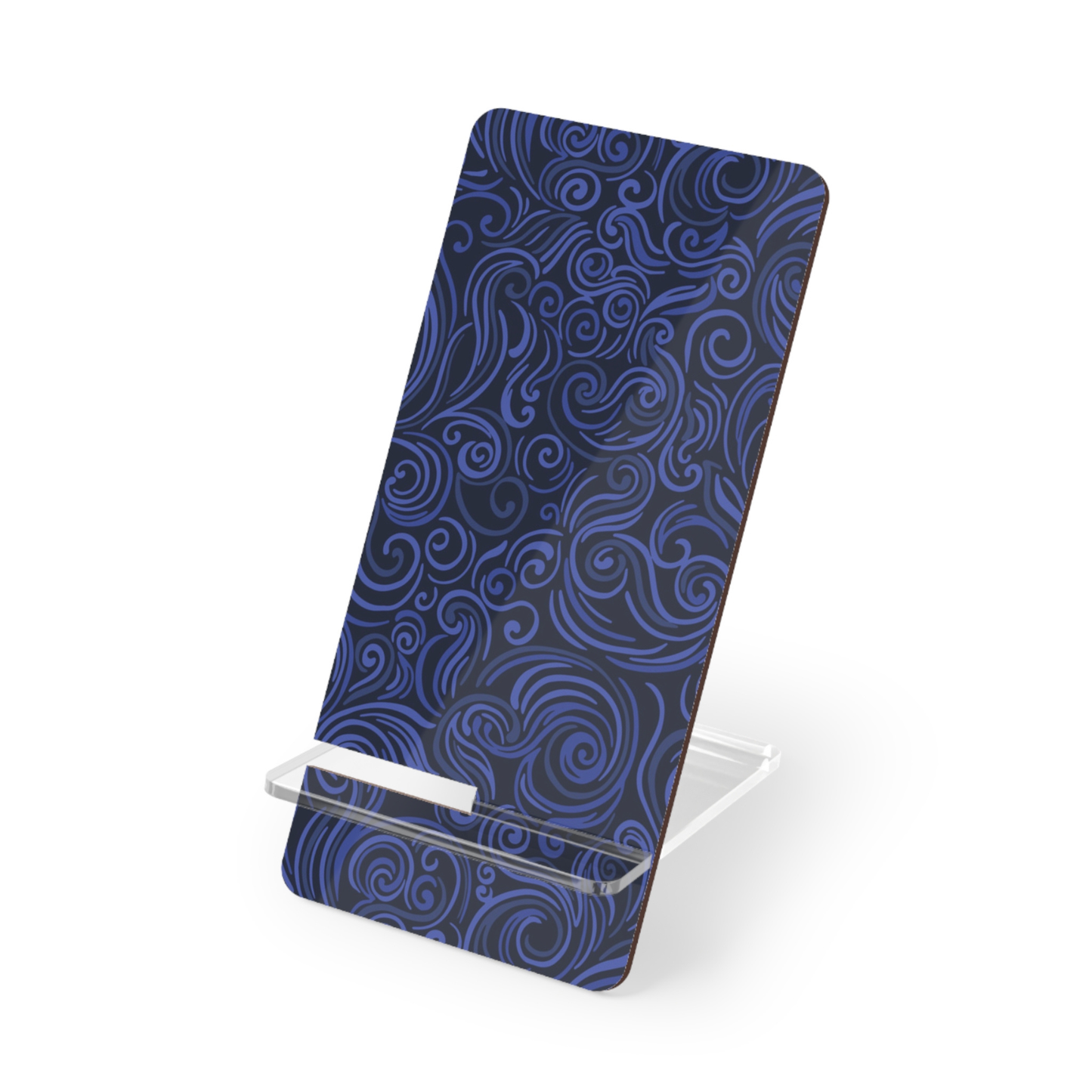Blue patterned phone stand on a white background