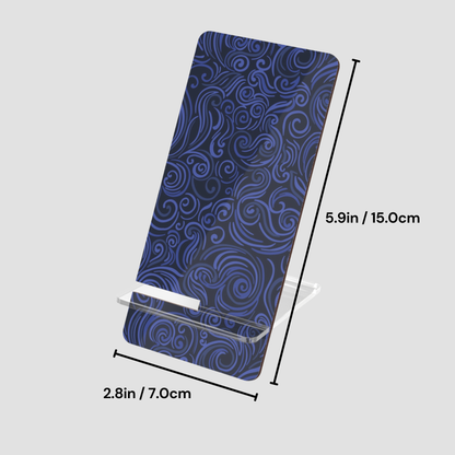 Blue patterned phone case with dimensions on a gray background