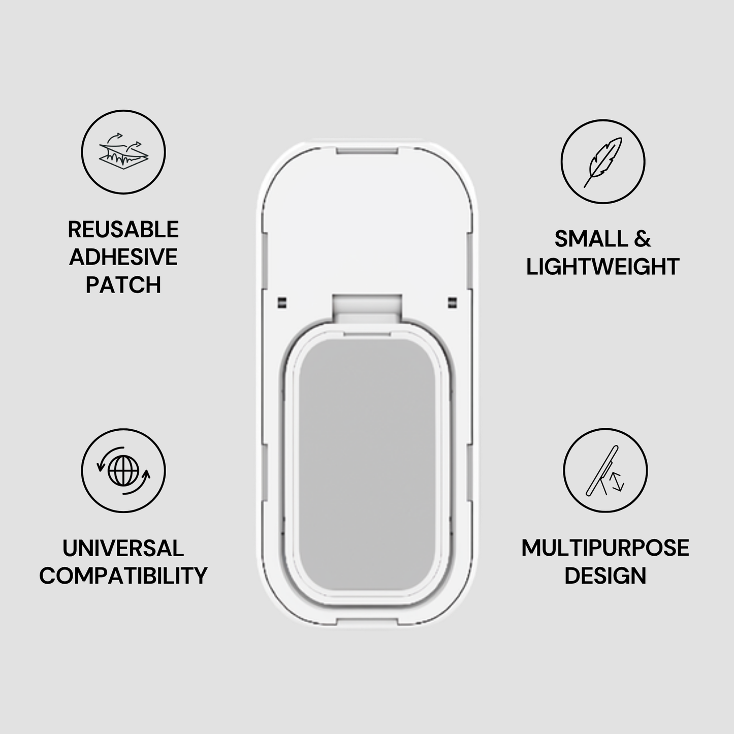 Reusable adhesive patch with features listed on a gray background