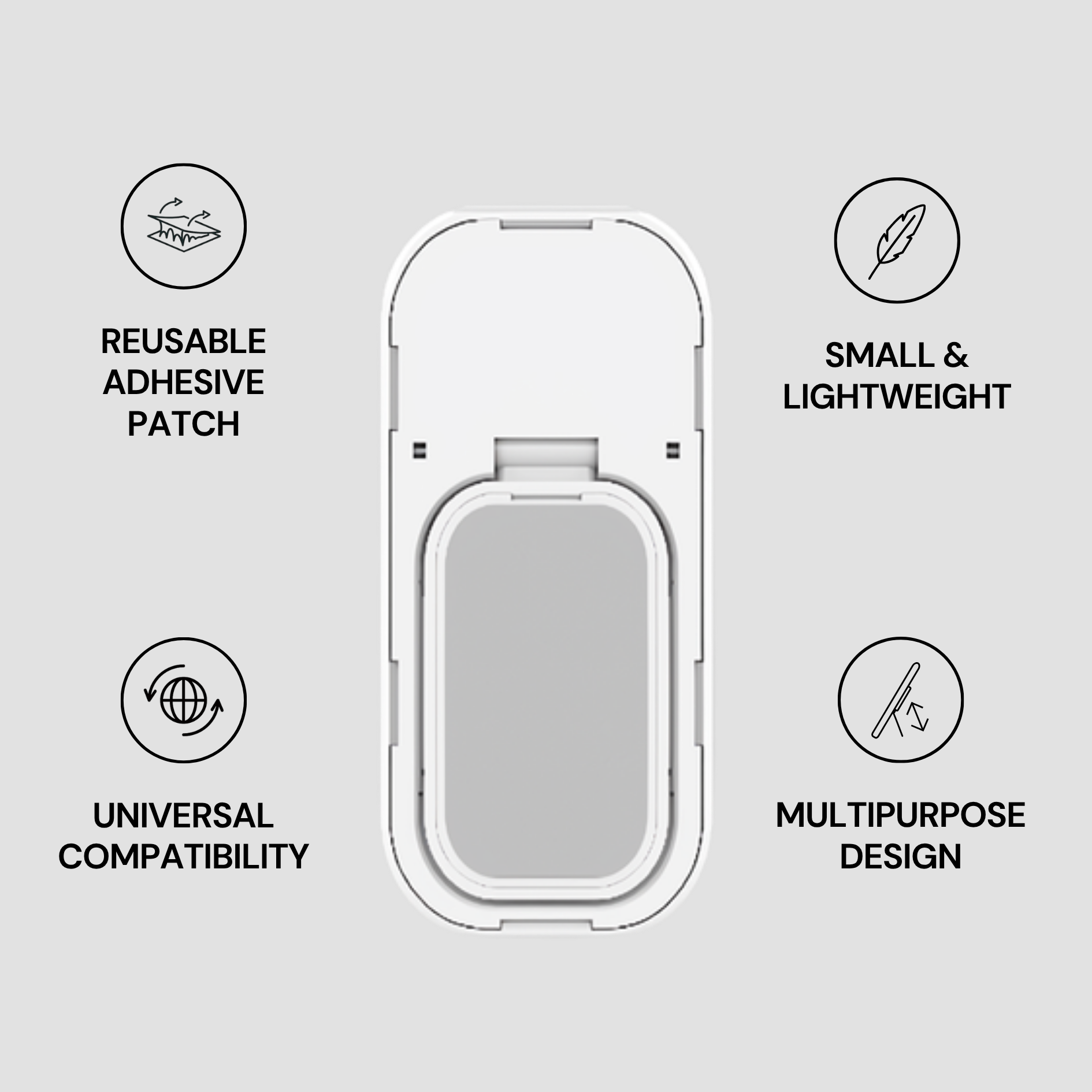 Reusable adhesive patch with features listed on a gray background