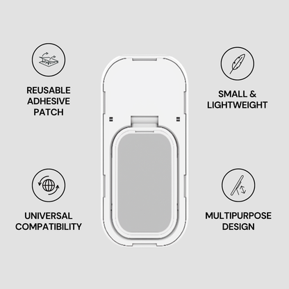 Reusable adhesive patch with features listed on a gray background