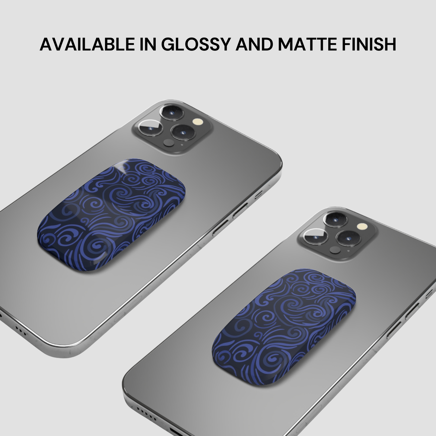 Two phone cases with blue pattern on a gray background, text indicating finish options.