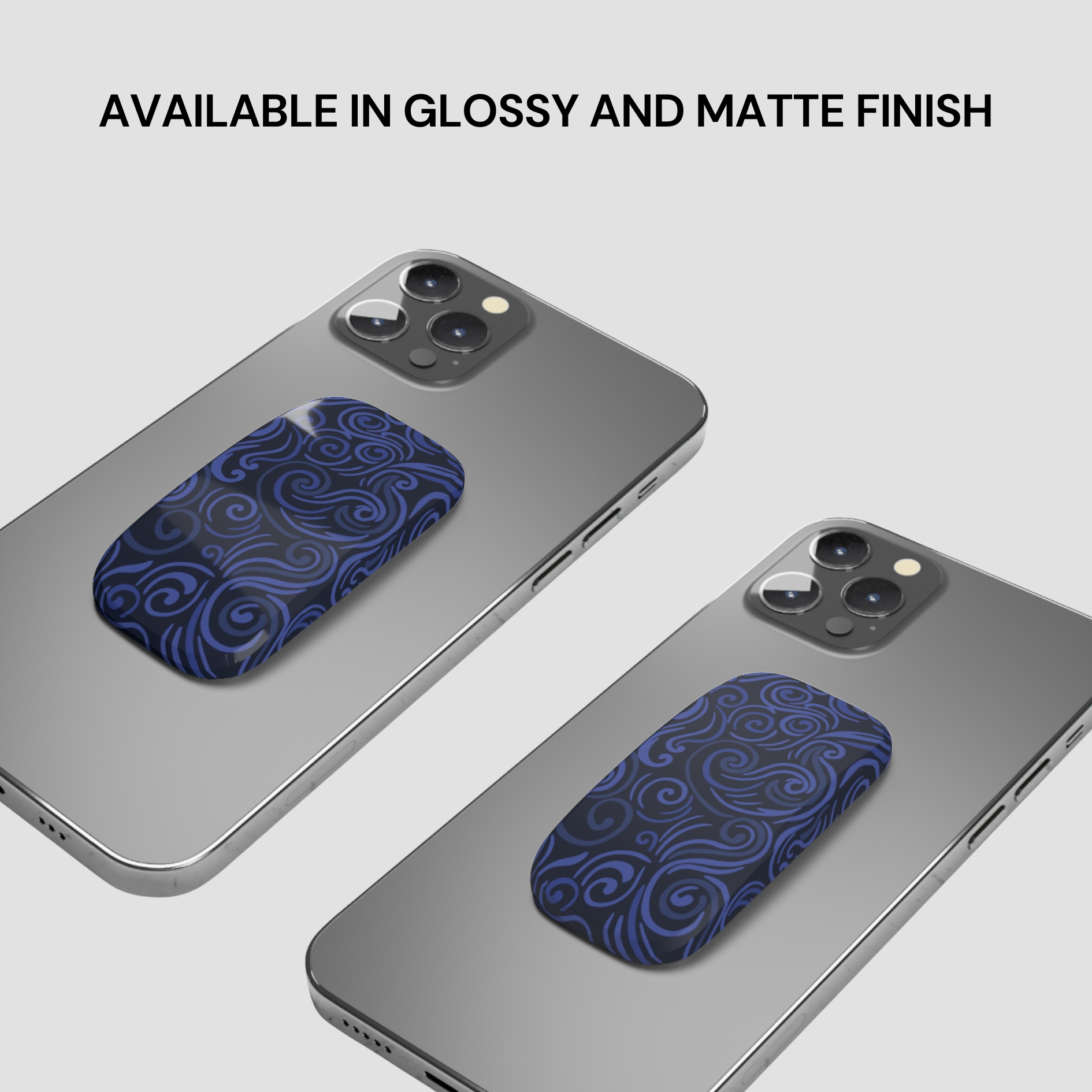 Two phone cases with blue pattern on a gray background, text indicating finish options.