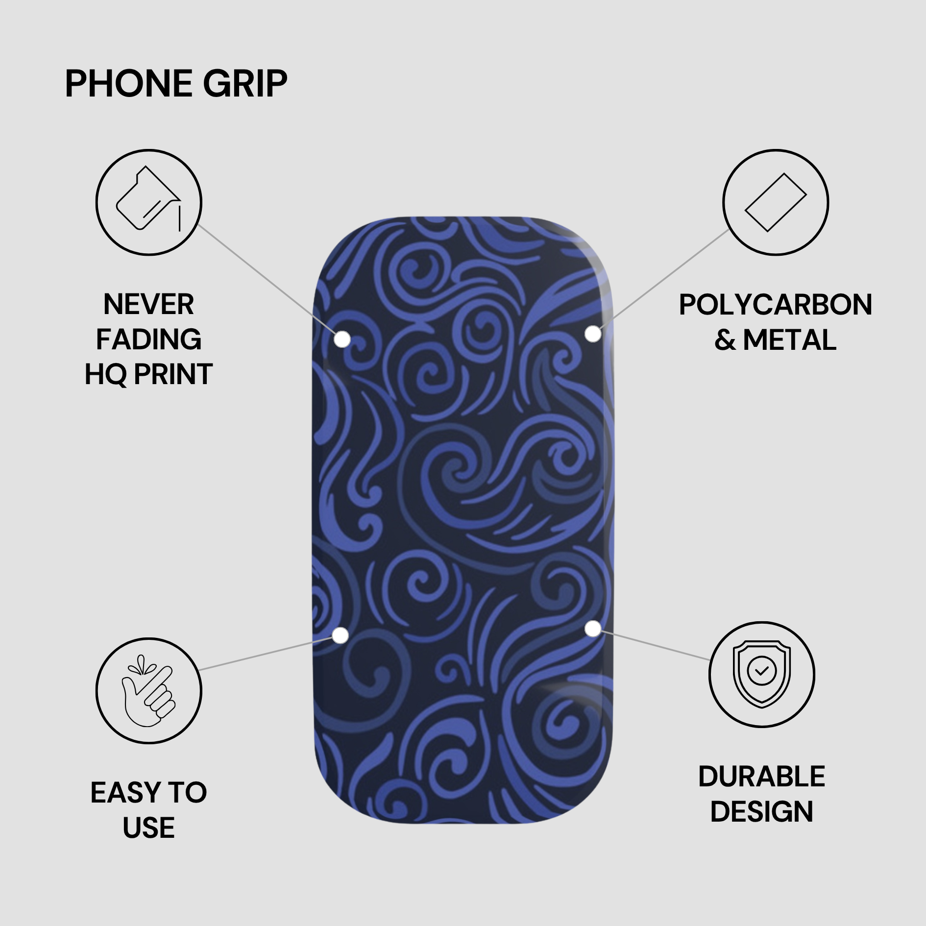 Phone grip with blue wave pattern on a gray background, featuring text about its features.