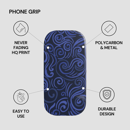 Phone grip with blue wave pattern on a gray background, featuring text about its features.