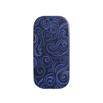 Blue swirl patterned object on a white background