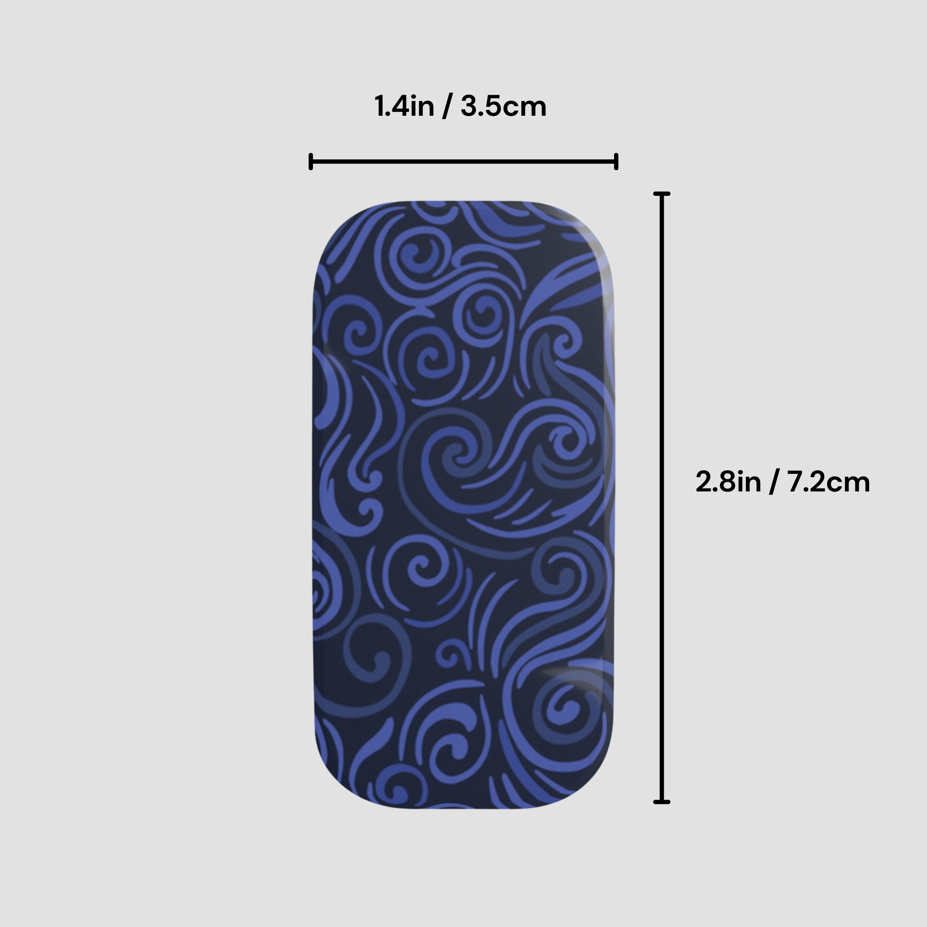 Blue and black patterned product with measurements on a gray background