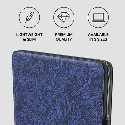 Blue patterned laptop sleeve with icons and text on a gray background