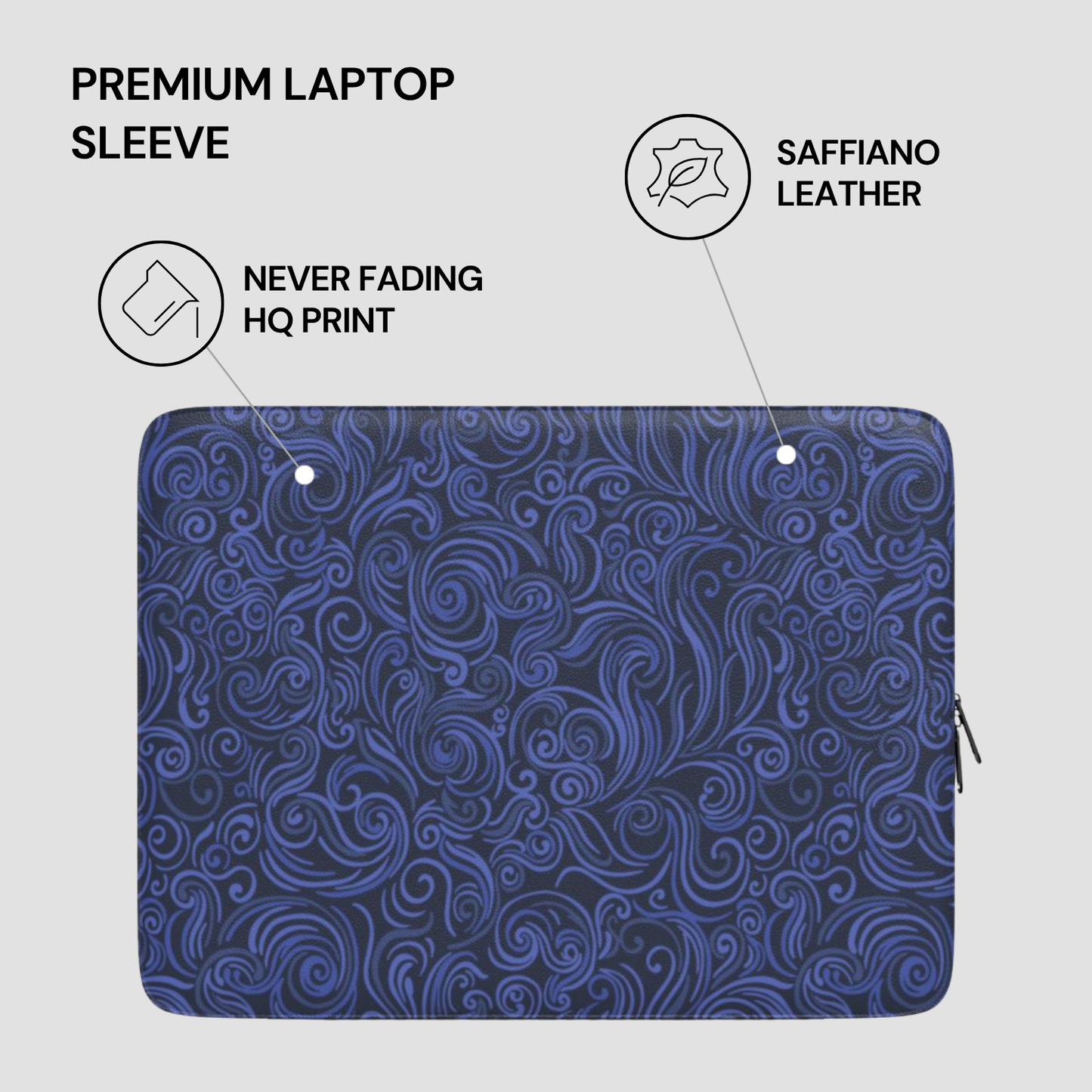 Blue paisley patterned laptop sleeve with text highlighting features on a light gray background