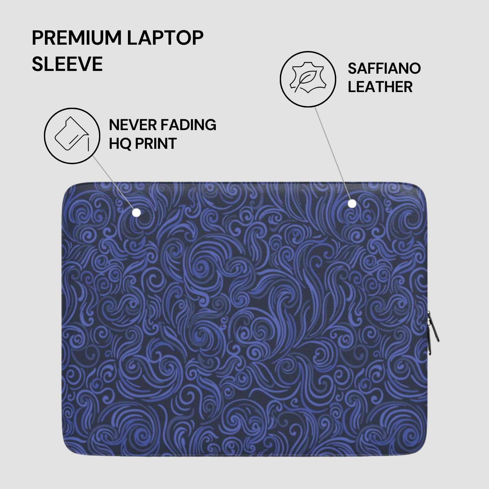 Blue paisley patterned laptop sleeve with text highlighting features on a light gray background