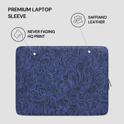 Blue paisley patterned laptop sleeve with text highlighting features on a light gray background