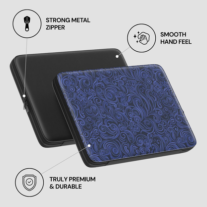 Blue patterned case with black zipper on a light gray background, featuring text about features.
