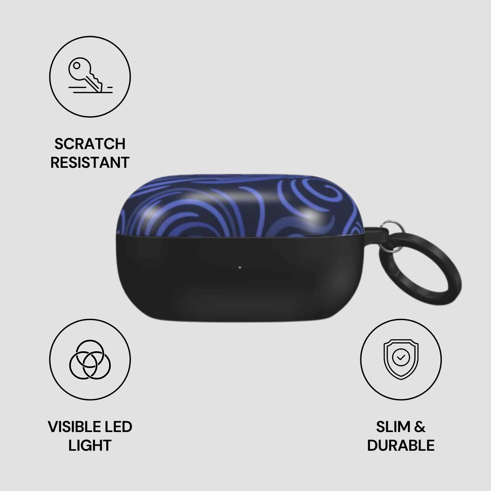 Black and blue patterned case with keychain on a light gray background, featuring scratch-resistant, visible LED light, slim, and durable attributes.