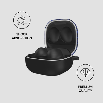 Black earbud case with colorful pattern on a white background, featuring icons for shock absorption and premium quality.