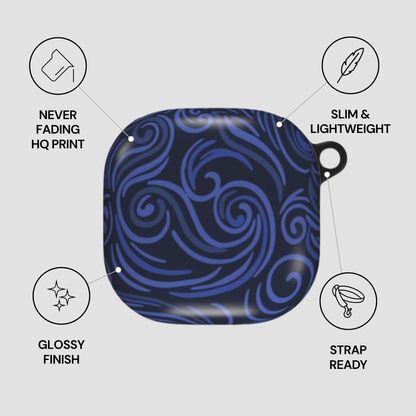 Blue patterned case with features listed on a gray background