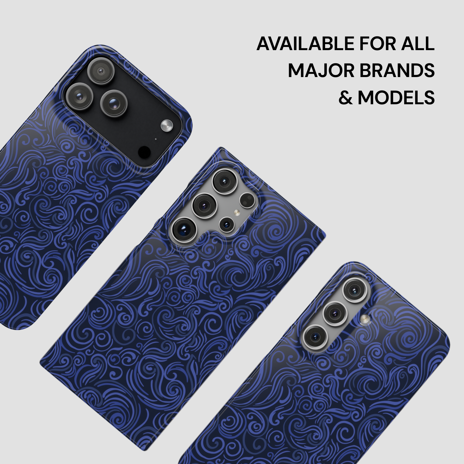 Blue patterned phone case on a white background with text 'Available for all major brands & models'.