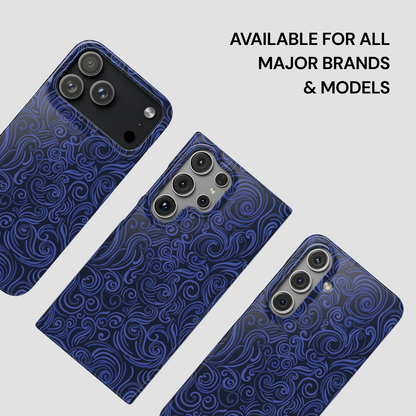 Blue patterned phone case on a white background with text 'Available for all major brands & models'.