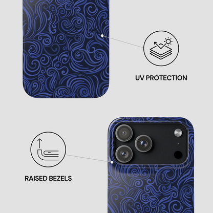Blue patterned phone case with UV protection and raised bezels features on a white background