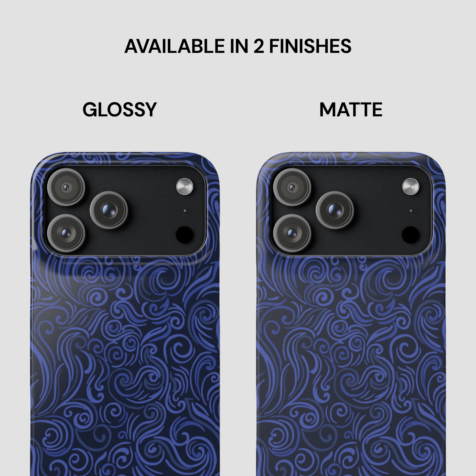 Two phone cases with blue pattern, one glossy and one matte, on a white background.