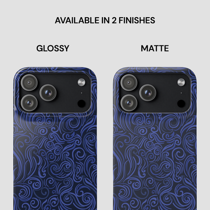 Two phone cases with blue pattern, one glossy and one matte, on a white background.