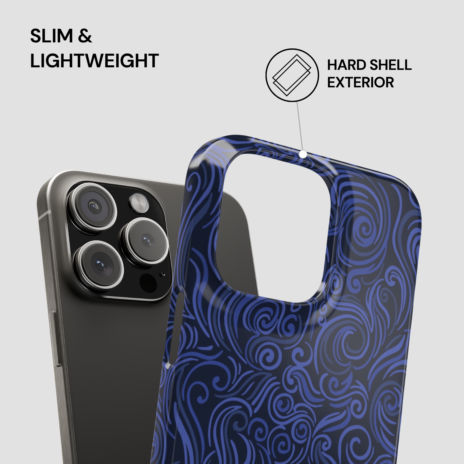 Blue patterned phone case with text 'Slim & Lightweight' and 'Hard Shell Exterior' on a gray background