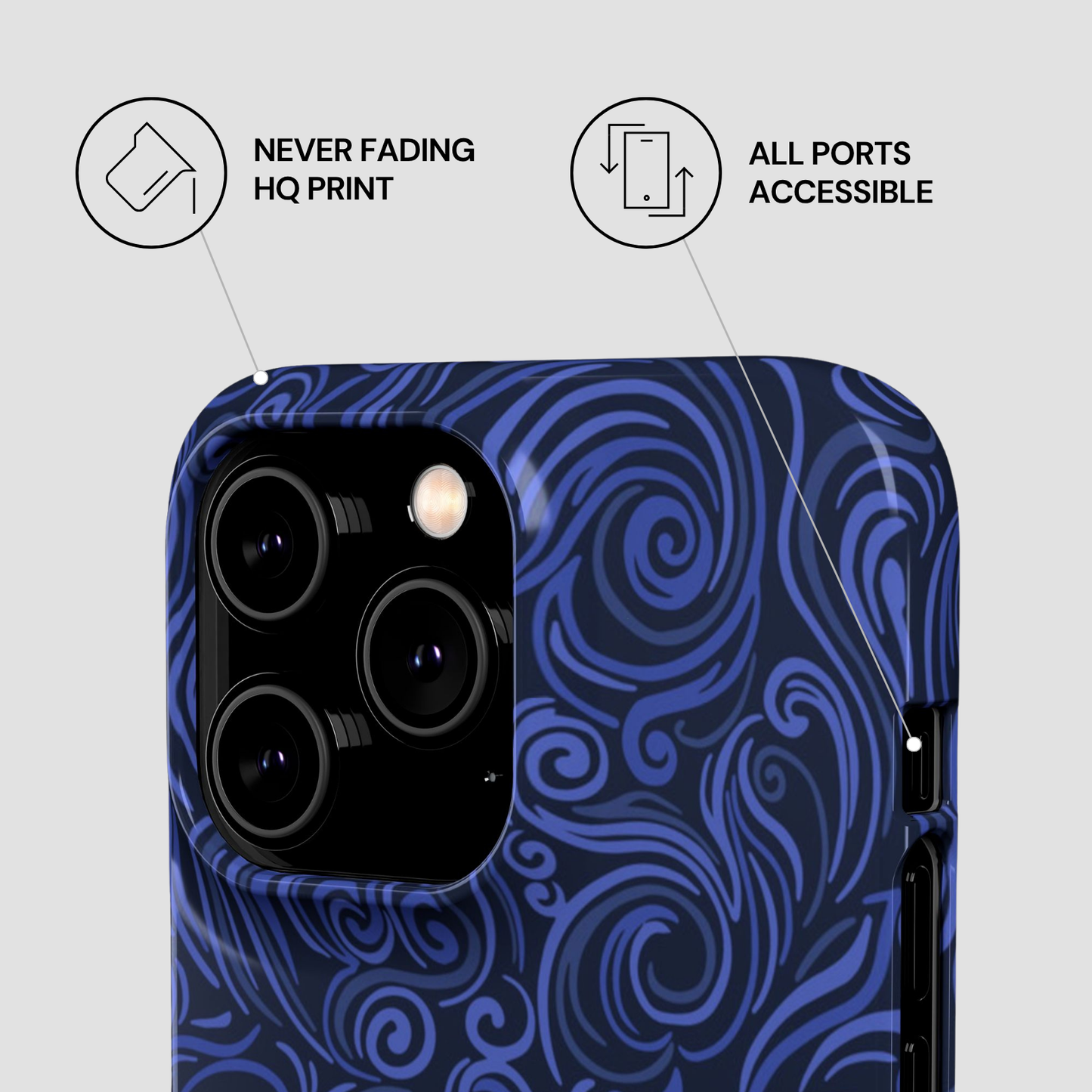 Blue patterned phone case with accessibility features on a light gray background