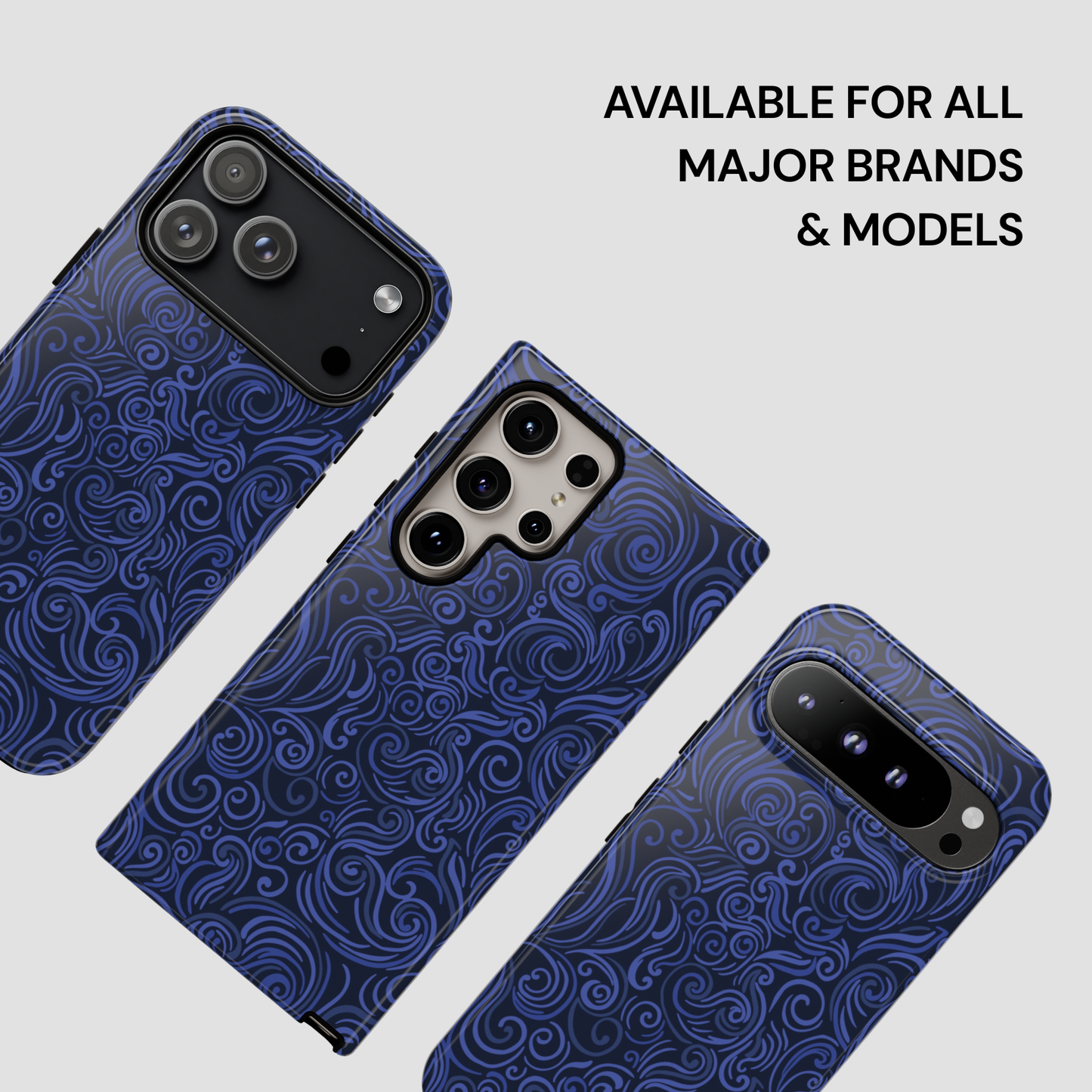 Blue patterned phone case on a white background with text 'Available for all major brands & models'.