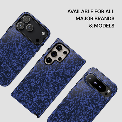 Blue patterned phone case on a white background with text 'Available for all major brands & models'.