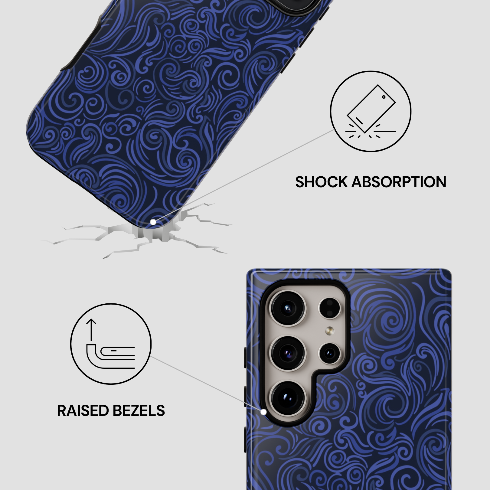 Blue patterned phone case with shock absorption and raised bezels features on a white background