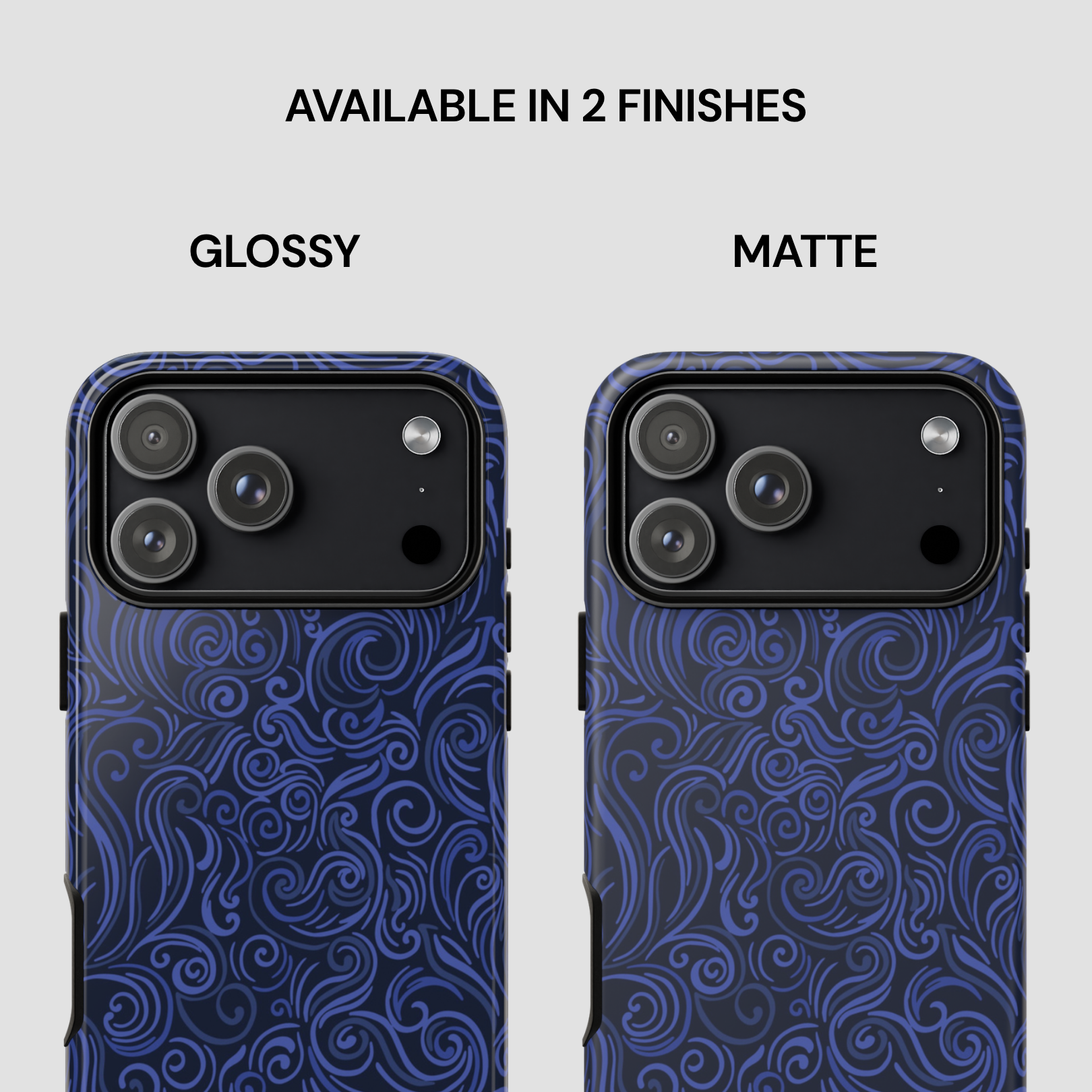 Two phone cases with blue pattern, one glossy and one matte, on a light gray background.