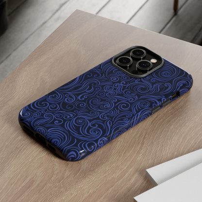Blue patterned phone case on a wooden surface