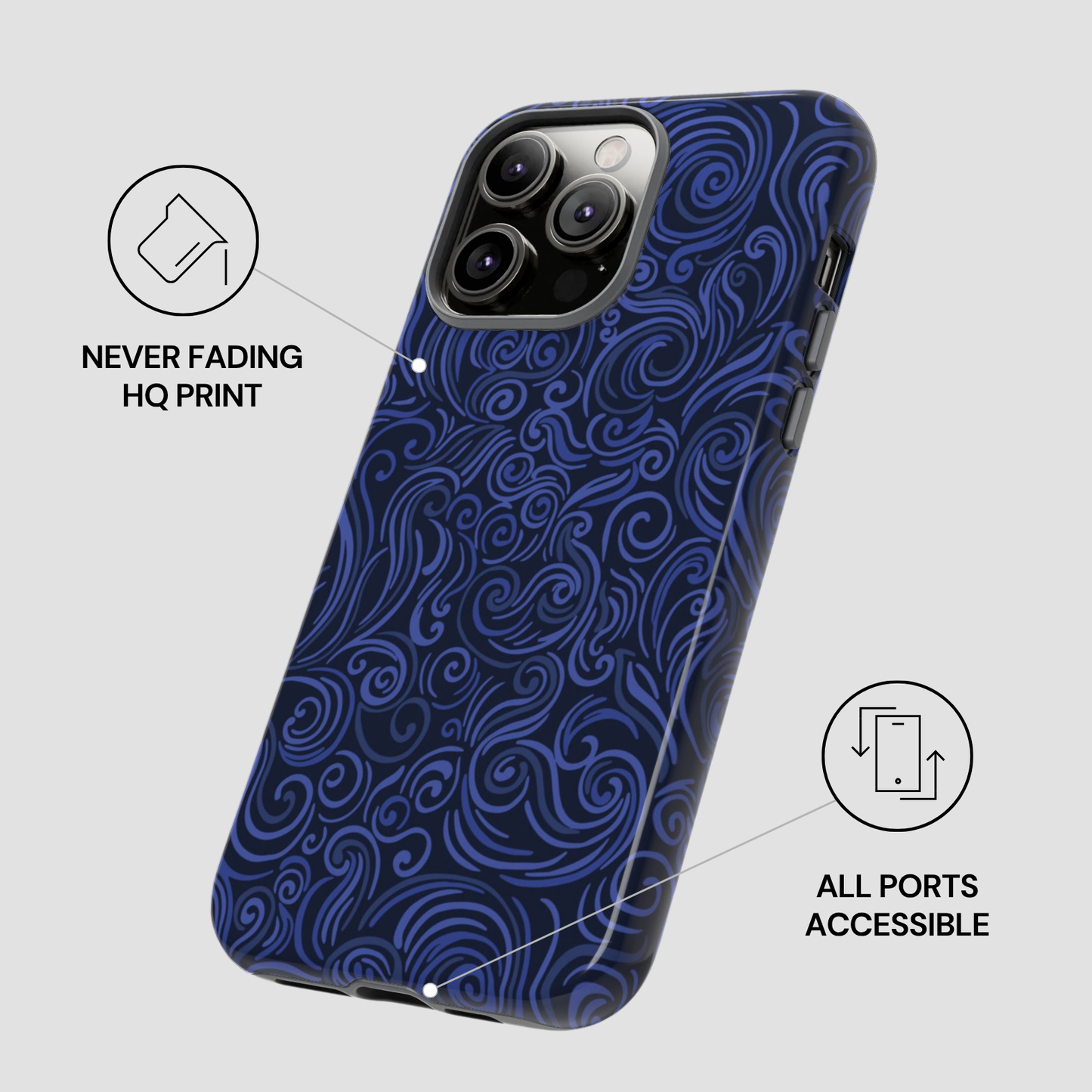 Blue patterned phone case with accessibility features on a gray background