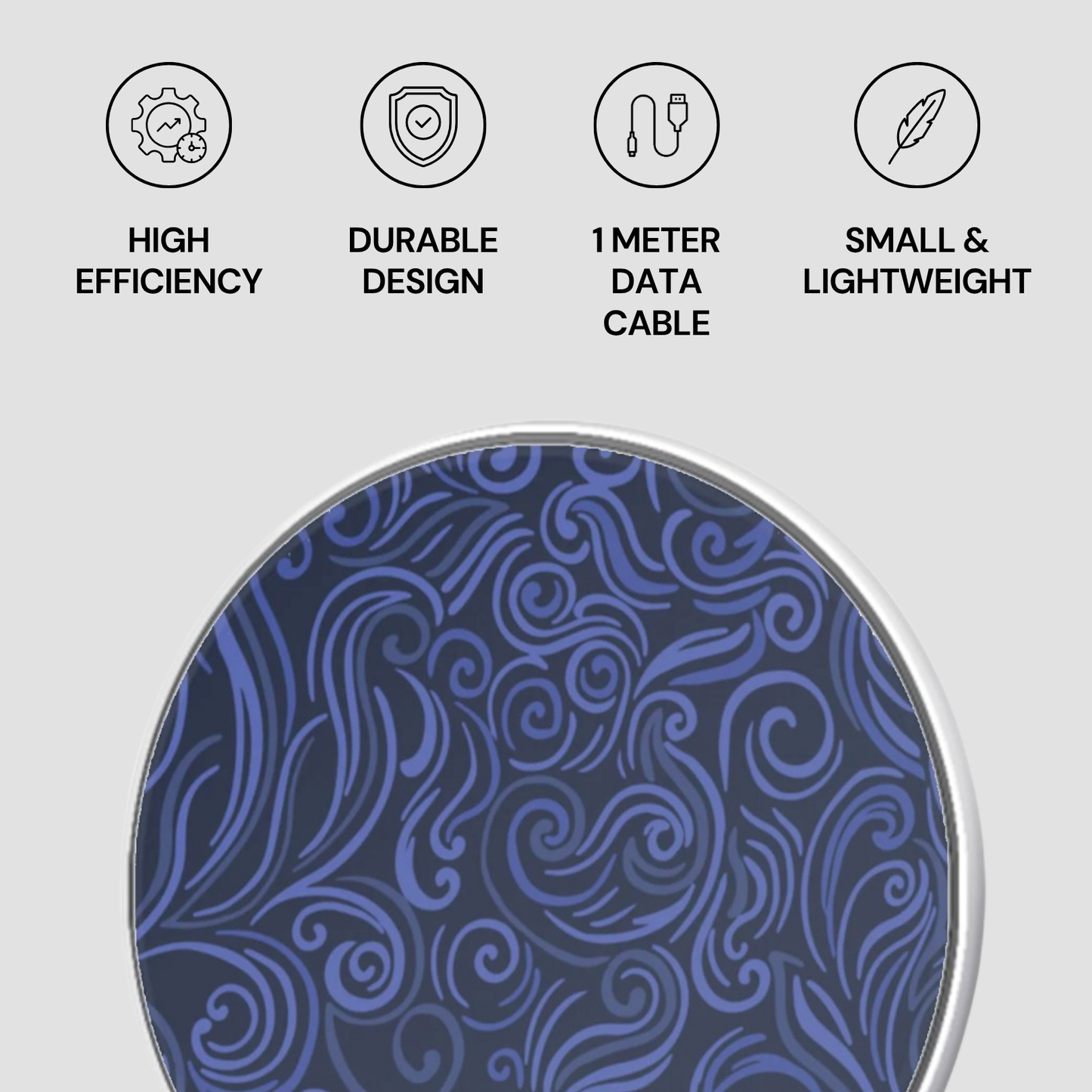 Product with blue patterned design on a gray background with icons and text about product features.