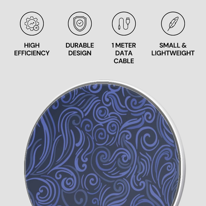 Product with blue patterned design on a gray background with icons and text about product features.