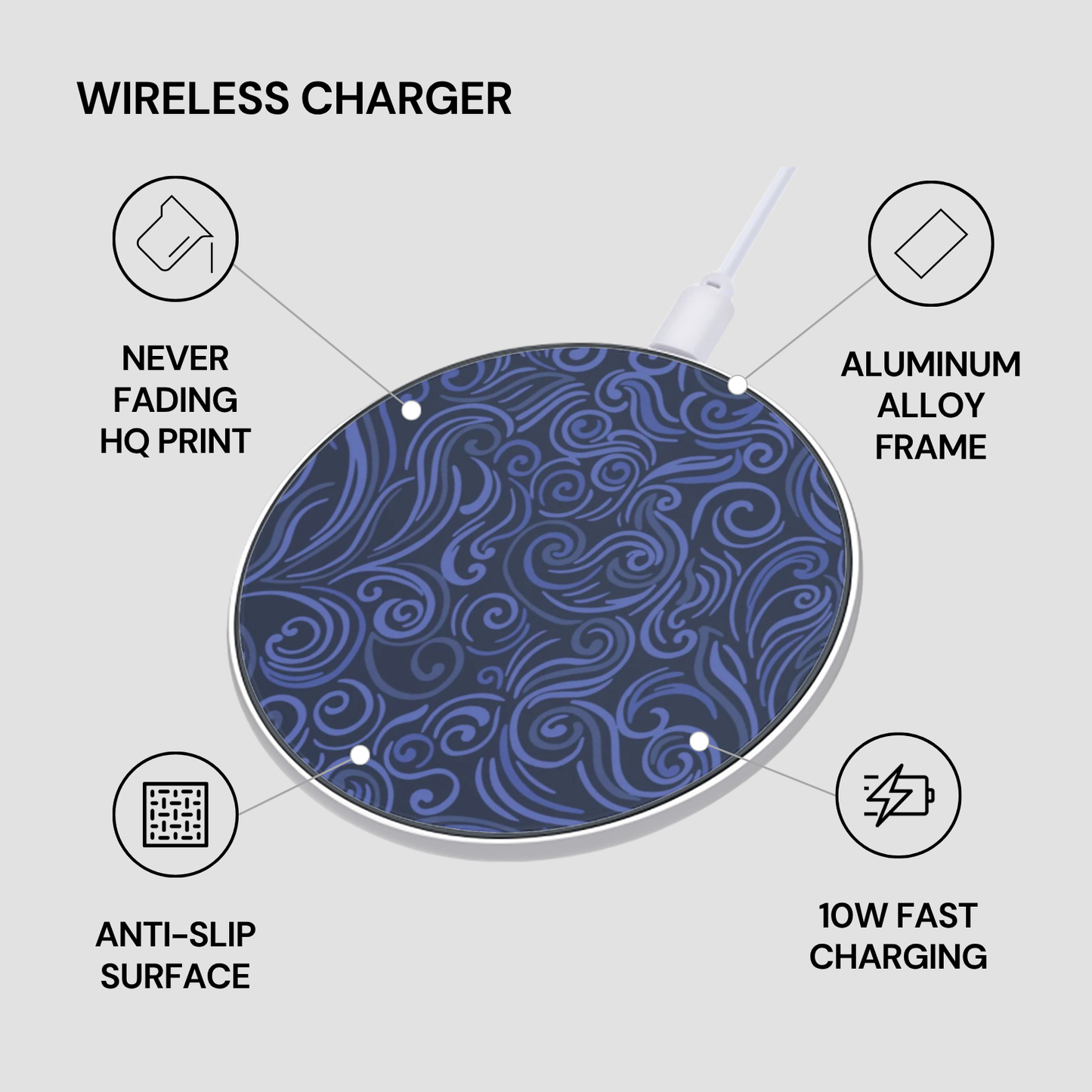Wireless charger with blue pattern on a gray background, featuring text about its features.