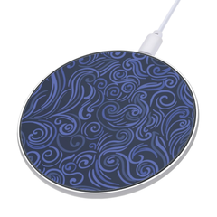 Wireless charging pad with blue pattern on a white background