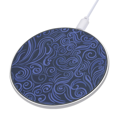 Wireless charging pad with blue pattern on a white background
