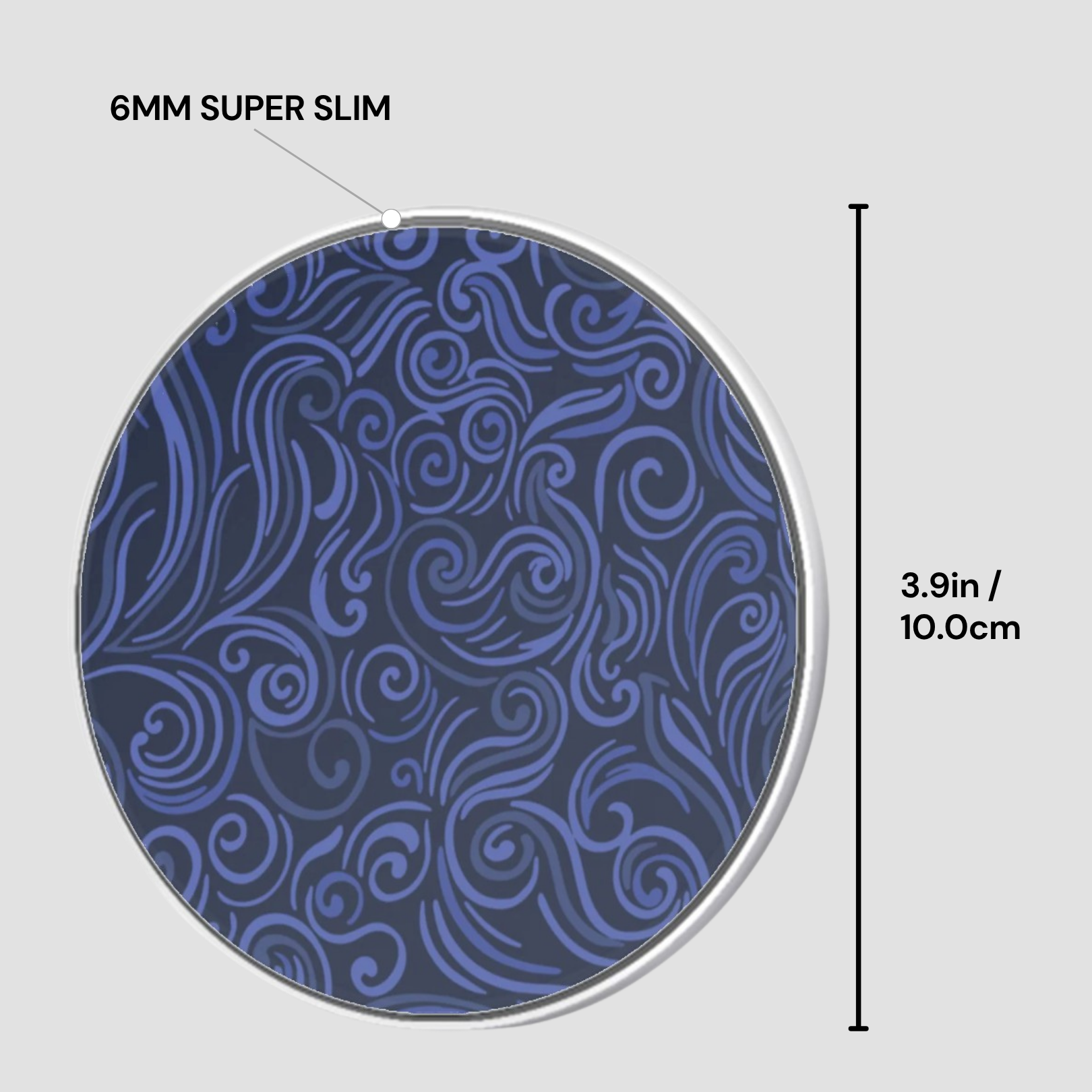 6MM SUPER SLIM circular object with blue pattern on a gray background