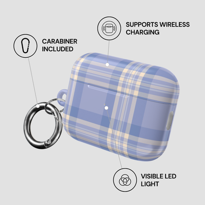 Blue plaid case with carabiner, wireless charging support, and visible LED light on a gray background