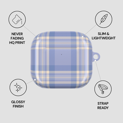 Blue and white plaid case with features listed on a gray background