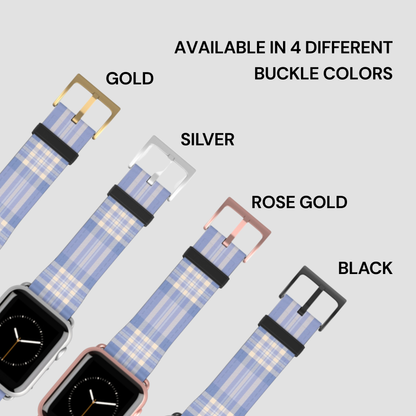 Plaid patterned watch bands with gold, silver, rose gold, and black buckles on a light gray background.